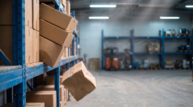 Falling cardboard box teetering off a warehouse shelf, representing workplace safety, supply chain risk, and logistics insurance.