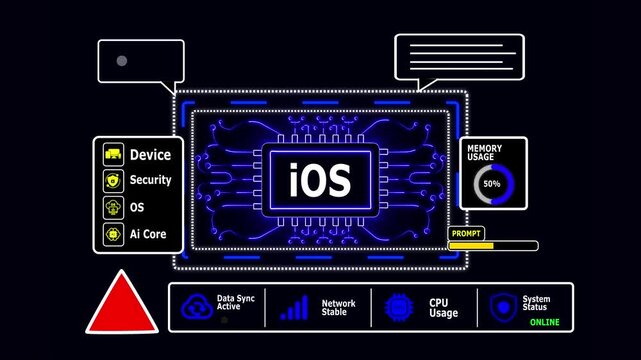 Digital Circuit Board with iOS Chip and Warning Symbol on Black Background technology with Cyber Security Dashboard Animation 4K.