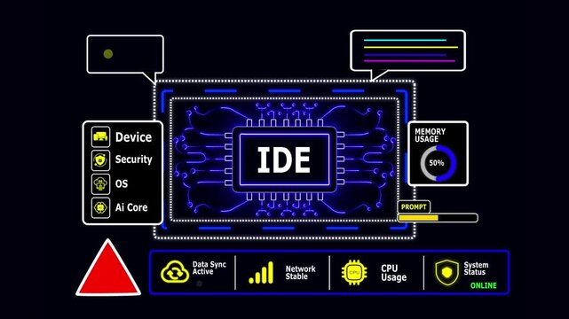 Integrated Development Environment text on a digital circuit board with warning symbol technology computer with Cyber Security Dashboard Animation 4K.