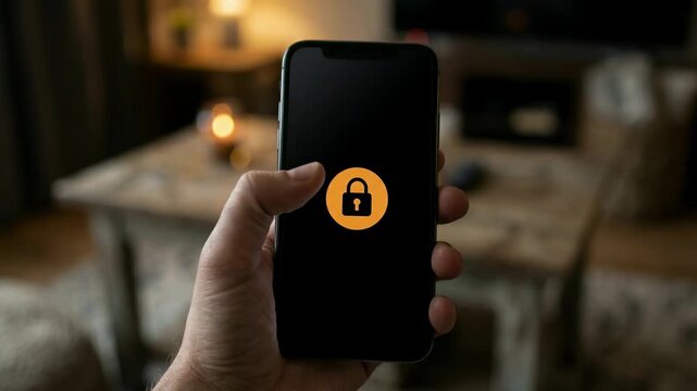 Smartphone screen sharply displays a fraud alert SMS with a lock icon while the background is softly blurred for emphasis on the warning message.