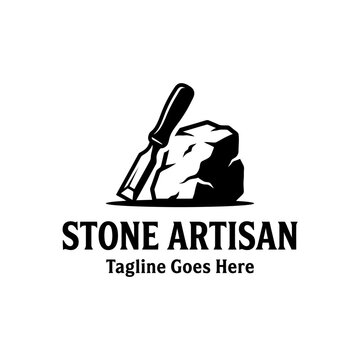 Rugged emblem showing a stonemason's chisel carving rock for construction or sculpture.