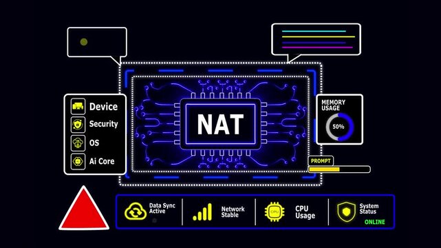 Digital Circuit Board with iOS Chip and Warning Symbol on Black Background technology with Cyber Security Dashboard Animation 4K.