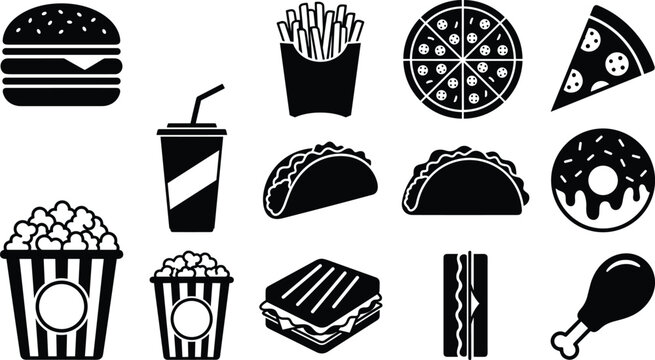 Fast food snack street cuisine and cinema concessions black solid glyph icon set for menu design