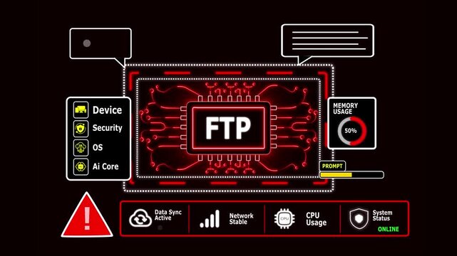 Digital Network Protocol FTP Error Warning with Circuit Board Globe and Chat Bubbles Keywords: FTP, protocol, network, technology, data, transfer, communica with Cyber Security Dashboard Animation 4K.