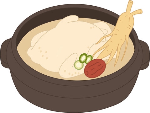 인삼과 대추가 들어간 뚝배기 삼계탕 보양식 일러스트