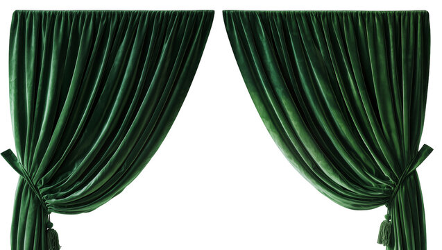 Deep green velvet curtains with tassels tied with fabric bands, isolated on transparent background