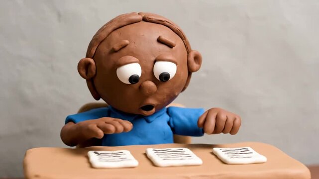 Claymation Child Pondering Choices at Desk.