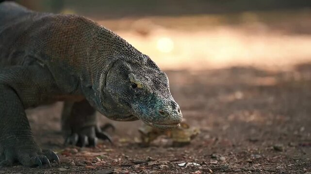 Komodo dragon walking on the ground, flicking its forked tongue out against a soft blurred background.