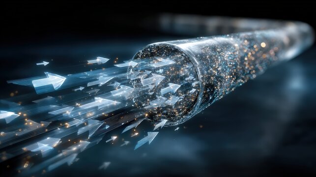 High-speed digital data flow through a futuristic fiber optic cable, illustrating rapid information transfer and network connection. ..Created with Generative AI, not depicting real subjects.