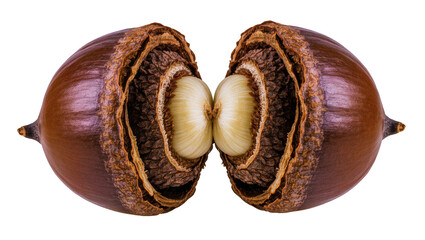 Brown acorn halves showing layered texture and seed, isolated on transparent background © Alexa