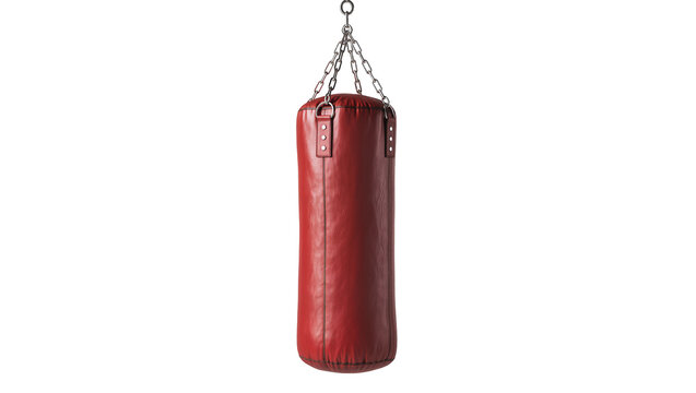 Red leather punching bag hanging from metal chains, isolated on transparent background