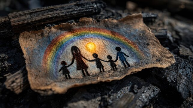 Child drawing of family and rainbow on burned paper symbolizing hope after wildfire