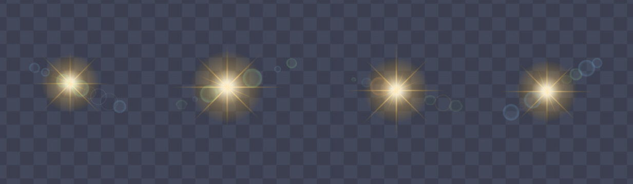 Set of four glowing golden lens flare light effects with circular highlights and artistic light leaks for photography