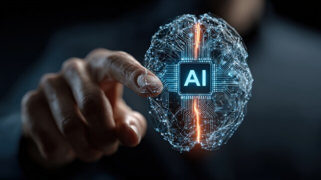 A person's hand touches a glowing AI brain hologram, symbolizing artificial intelligence, innovation, and futuristic technology. ..Created with Generative AI, not depicting real subjects.
