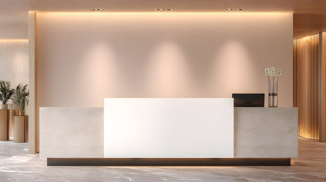 Ultra realistic hospitality branding mockup, blank acrylic reception desk sign mounted on premium limestone reception counter, luxury hotel lobby, architectural lighting