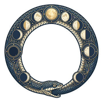 Celestial serpent ouroboros symbol lunar cycle moon phases decorative frame