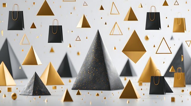 Black and gold 3D triangles and a black handbag.