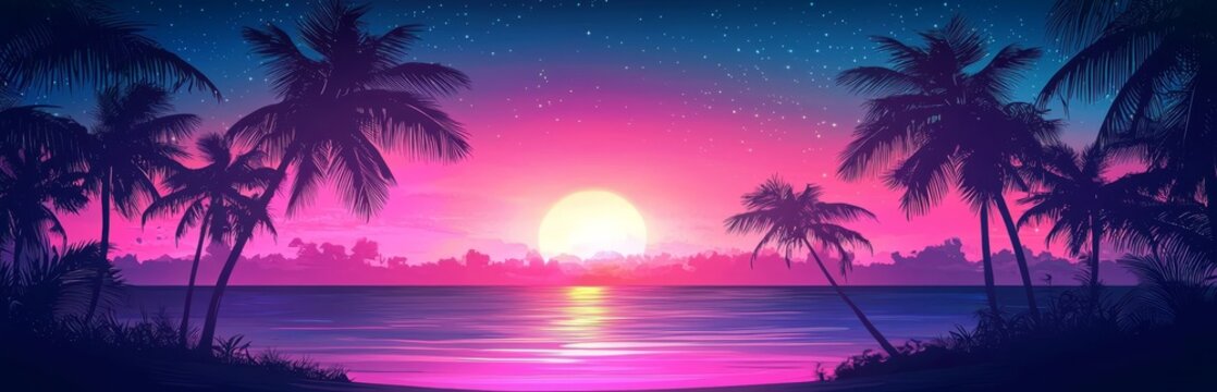 Night Landscape Featuring Palm Trees on a Beach