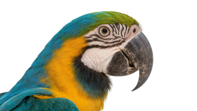 Blue and yellow macaw parrot head profile, isolated on transparent background