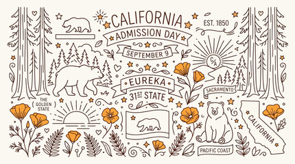 Naklejka premium California Admission Day illustration with bears, poppies, trees, and state symbols.