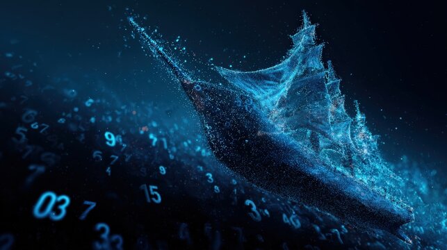A striking narwhal composed of digital data swims through an abstract ocean of numbers and code. ..Created with Generative AI, not depicting real subjects.