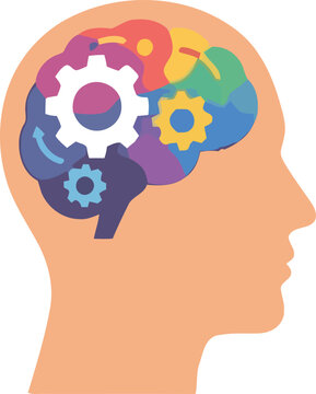 Silhouette profile of human head with colorful gears and cogs inside brain area, representing cognitive processes, mechanics, and thought