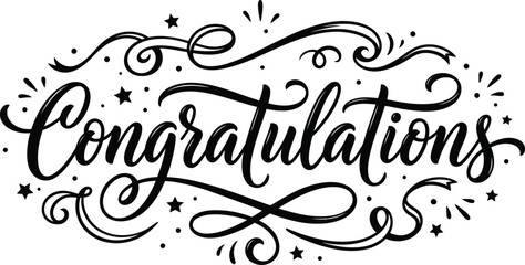 Elegant hand lettered congratulations typography with flourishes and sparkling stars © Anupam