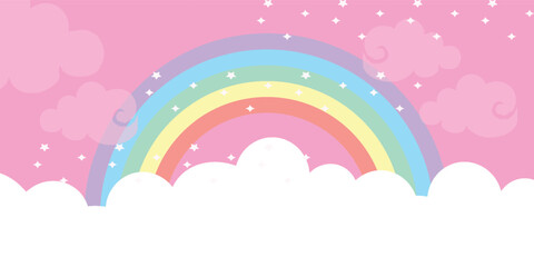 Fantasy rainbow unicorn background with pastel pink sky, gradient color cloud and holographic texture. Cute candy, magic mermaid or kawaii wallpaper with star, bokeh and glitter light for social media © Reyhan