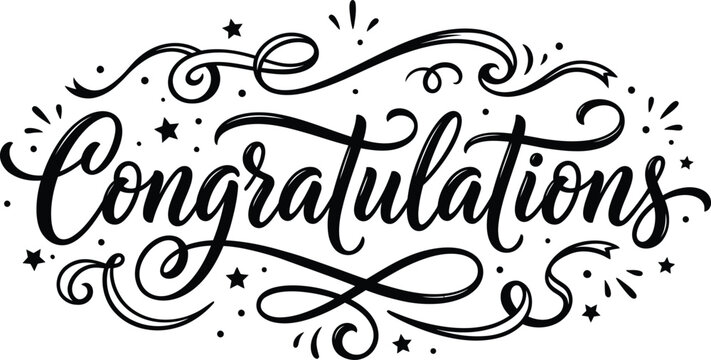 Elegant hand lettered congratulations typography with flourishes and sparkling stars