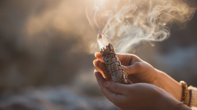 Hand holding a smoking sage bundle outdoors.