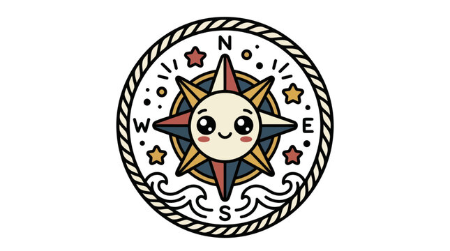 Cute Cartoon Compass Rose Sun Character with Nautical Rope Border