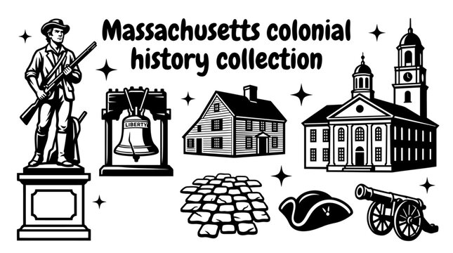 historic massachusetts colonial landmarks featuring minute man monuments liberty bell inspired symbols cobblestone streets colonial houses meeting halls and revolutionary architecture arranged