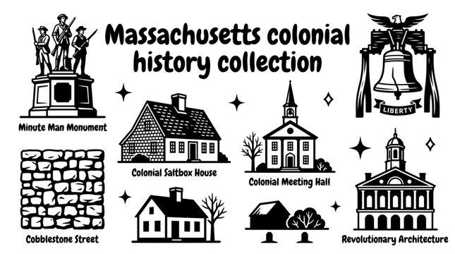 historic massachusetts colonial landmarks featuring minute man monuments liberty bell inspired symbols cobblestone streets colonial houses meeting halls and revolutionary architecture arranged
