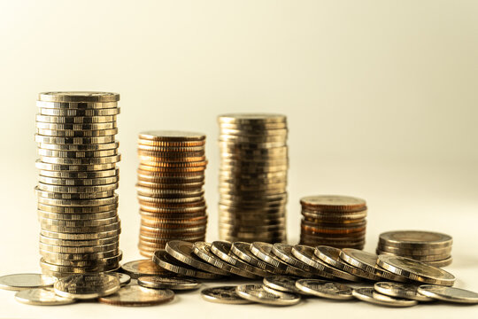 Stacks of Assorted Coins with Copy Space for Savings, Investment and Financial Planning
