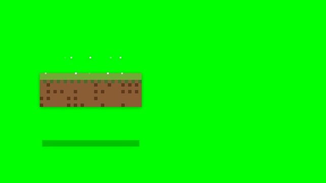 Pixelated grass block with soil and shadow on green screen background.