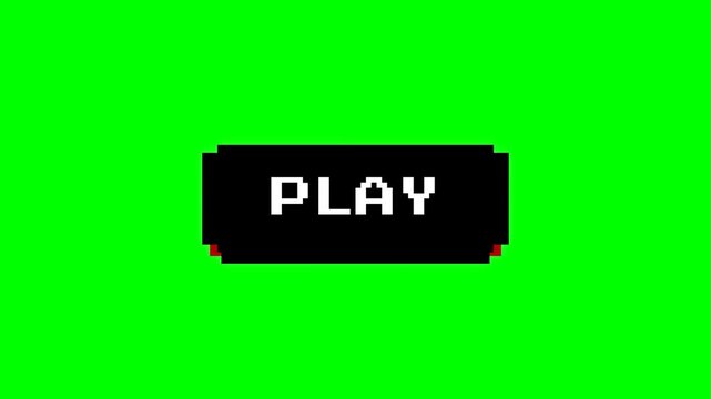 Retro pixelated play button animation on a vibrant green screen background.