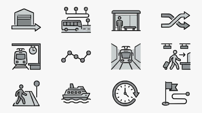 Clean Minimalist Black and White Icons Set of Public Transportation and Travel Symbols with high quality professional line art symbols for modern creative design and digital branding projects