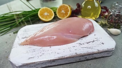 Fresh raw chicken breast on a marble cutting board with lemon © Sofroni