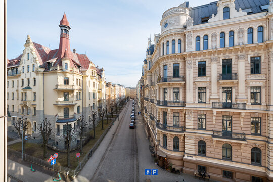 Architectural perspective of Alberta Street with Art Nouveau buildings from Quiet Center area in Riga.