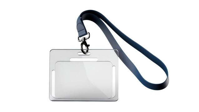 Clear plastic badge holder with dark blue lanyard and metal clip, isolated on transparent background