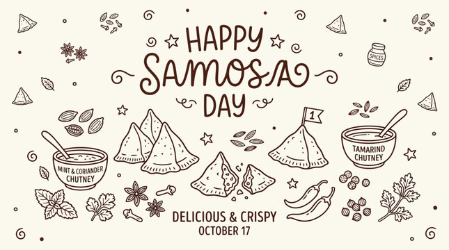 Happy Samosa Day October 17th, celebrating the delicious and crispy Indian snack with mint and tamarind chutney.