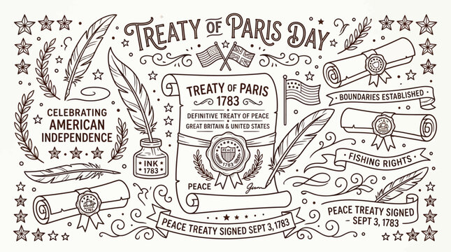 Treaty of Paris Day celebrating American Independence with historical documents and symbols.