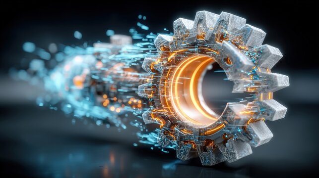 A futuristic metallic gear explodes with glowing blue and orange energy. ..Created with Generative AI, not depicting real subjects.