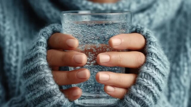 hydration affects digestive health. Hands in cozy blue knit sweater holding a clear glass of sparkling water close-up style on a soft blurred background concept of warmth and refreshment.