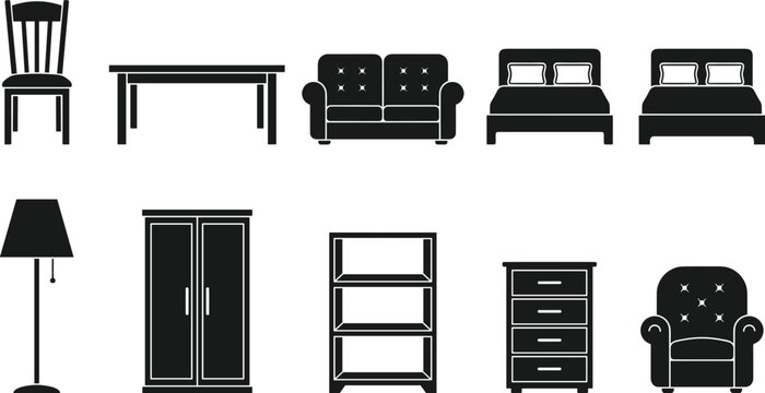 Home furniture interior room design and household living black solid glyph icon set for real estate graphic design