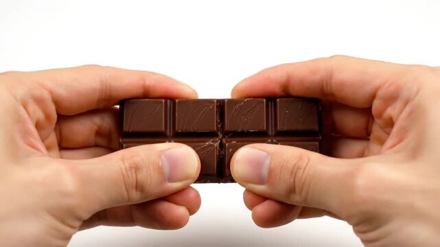 Hands breaking a chocolate bar into pieces.