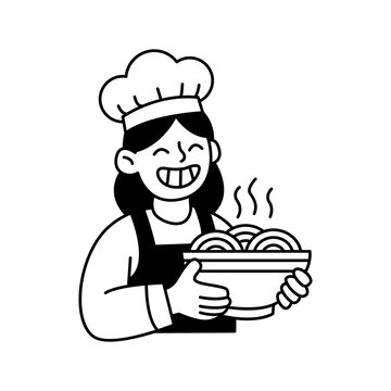 Chef Serving Hot Noodles &ndash; Line Icon Illustration