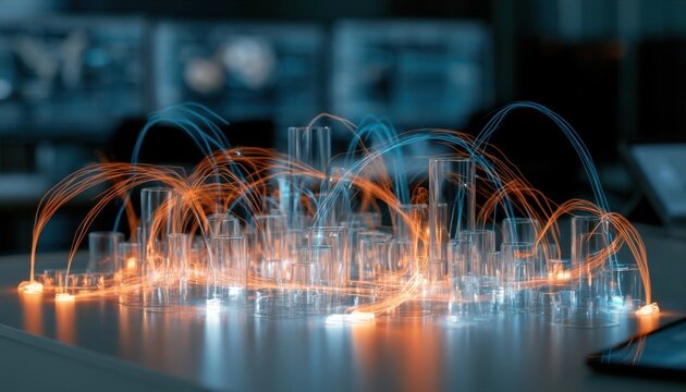 Futuristic city model with glowing data streams and network connections on a reflective surface