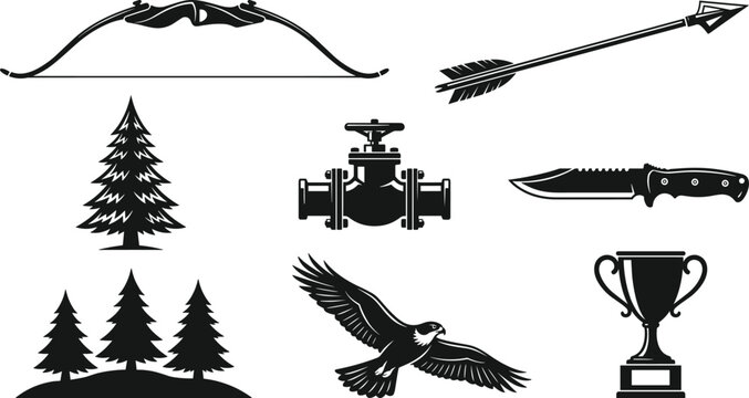 Hunting outdoor adventure survival weapon and forestry wildlife emblem black solid glyph icon design elements set