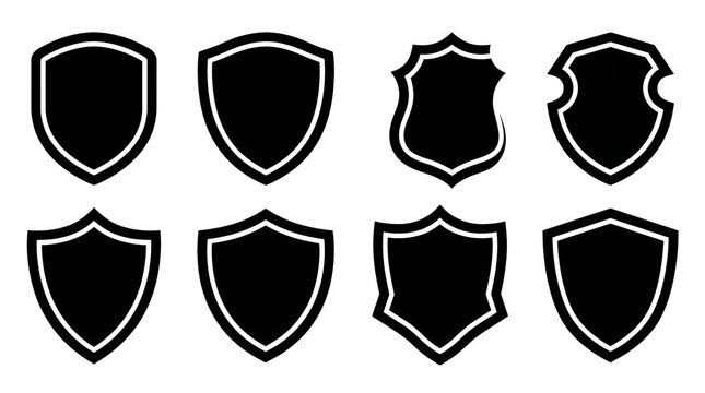 Black shield icons collection protection security badge shapes on white background